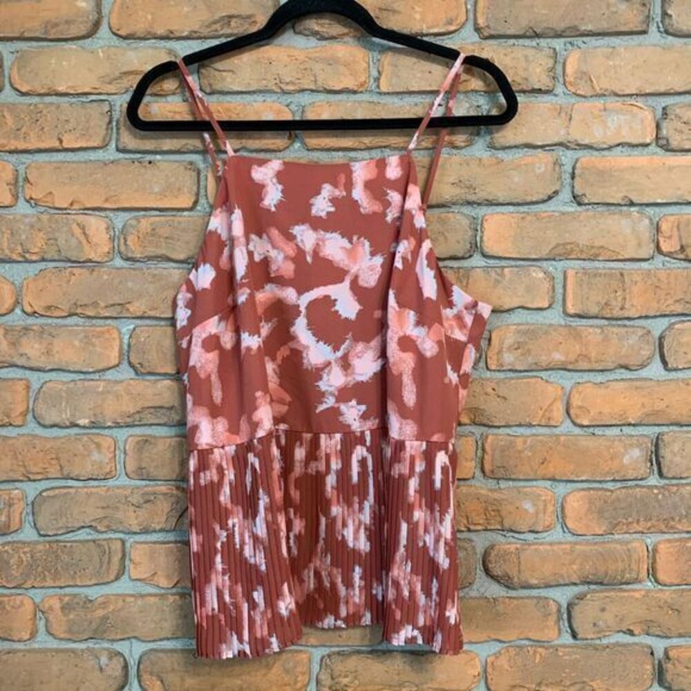 Nine West Women's Printed Square Neck Pleated Summer Tank Cami Blouse Pink Large